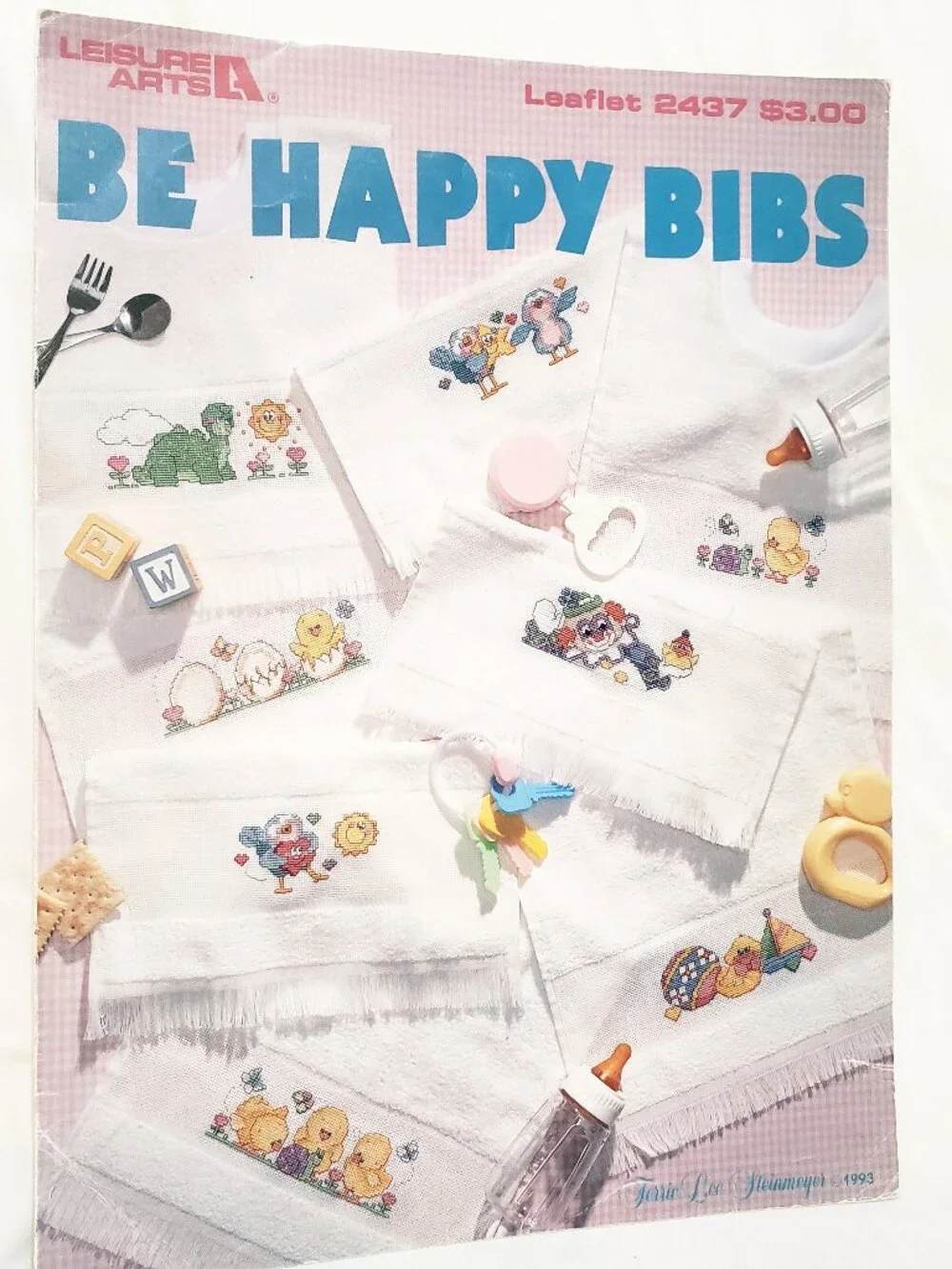 Be Happy Bibs Cross Stitch Leaflet 2437 Leisure Arts 1993 Clown Chicks Dinosaur